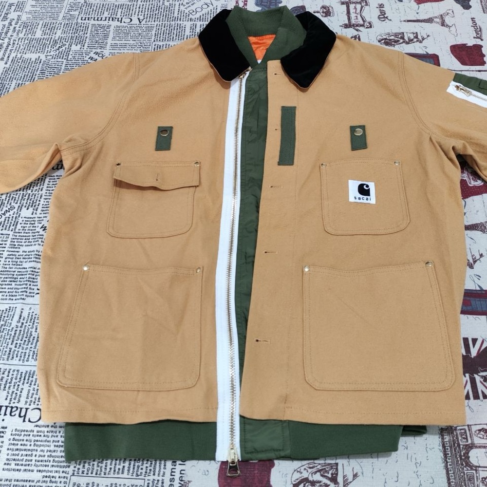 Sacai Beige Olive Green Accent Patch Pocket Jacket